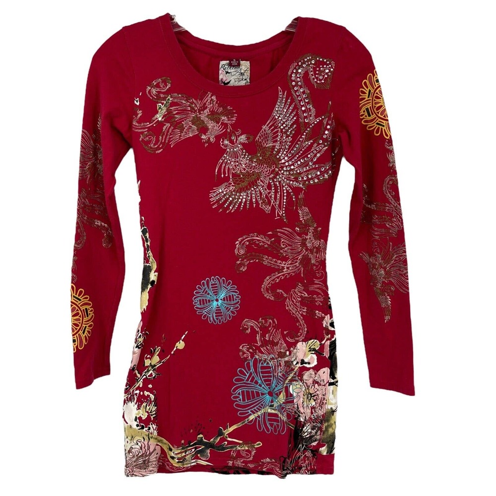Ruthless Art Mini Dress Red Japanese Rhinestone Cherry Blossom Stretch Womens S